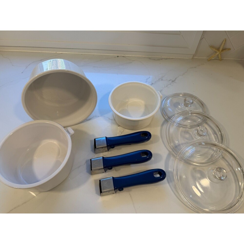 Nouveau by Princess House Vintage White Enamel Saucepan with blue Handles & Lids